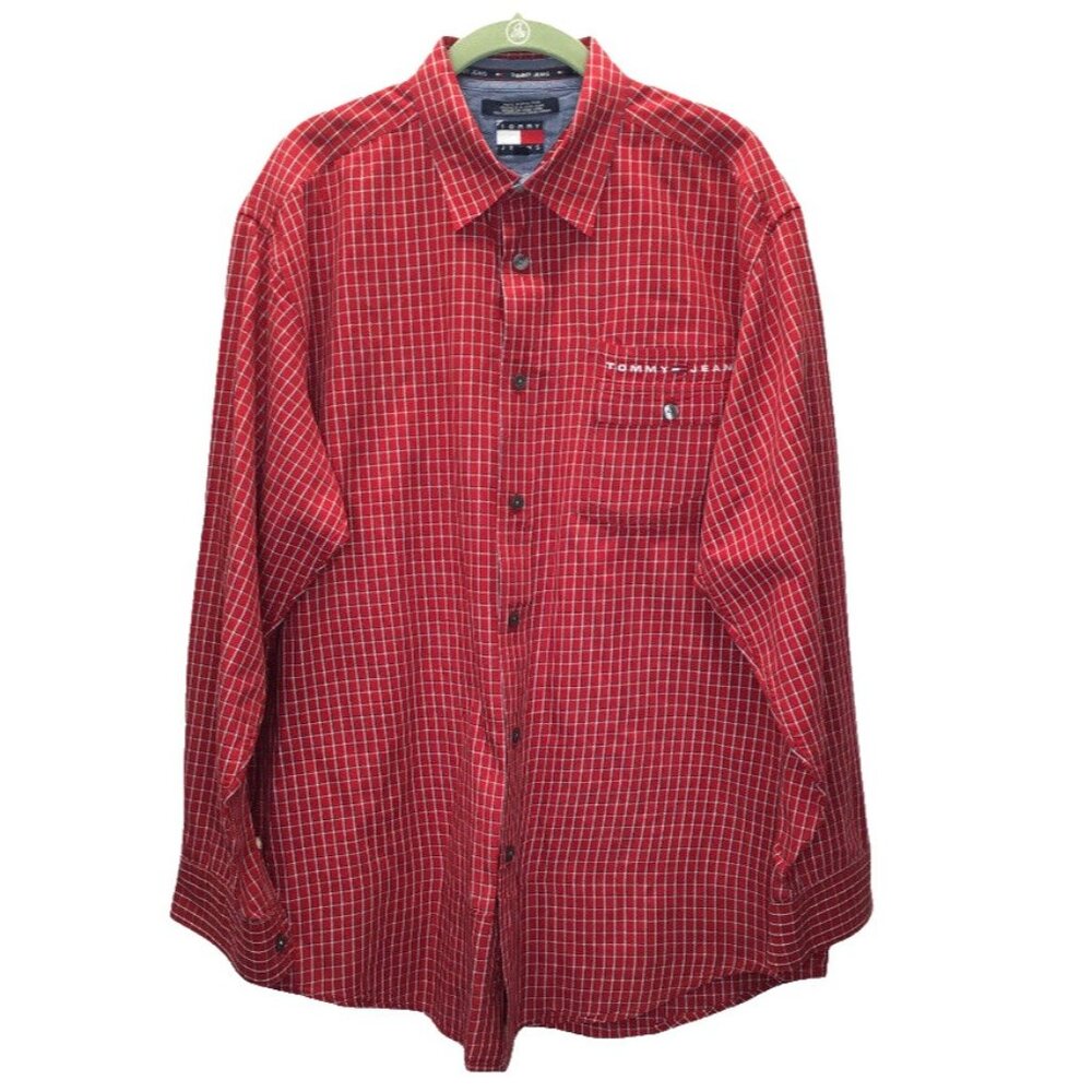 Y2K Vintage Tommy Hilfiger Shirt Men Large Button Up Red Plaid Logo Tommy Jeans